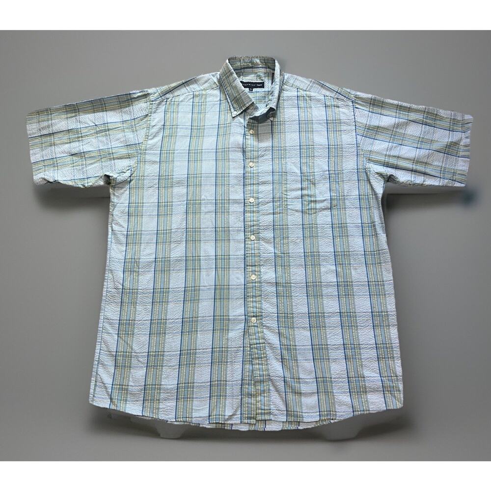 Siegfried Seersucker Shirt Mens XLT Turquoise Blue Short Sleeve Button Down